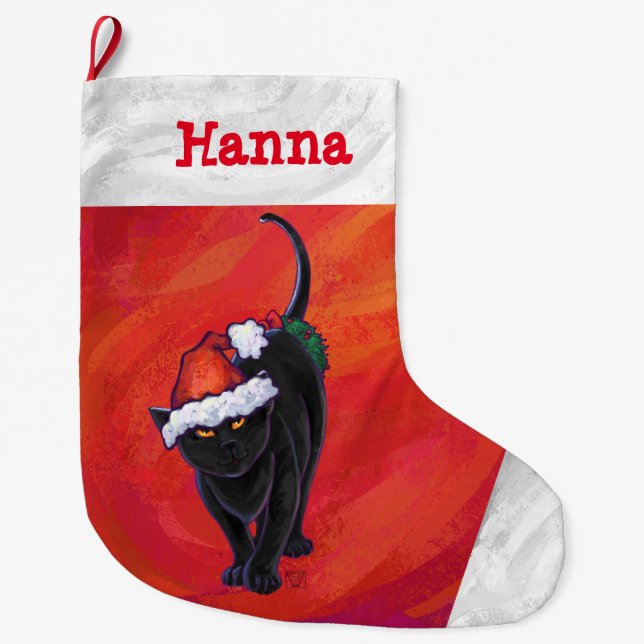 Grande Chaussette De Noël Chat noir mignon à Santa Hat sur Rouge (Devant)
