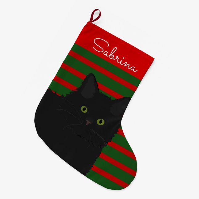 Grande Chaussette De Noël Chat noir personnalisé (Devant (Accrochage))