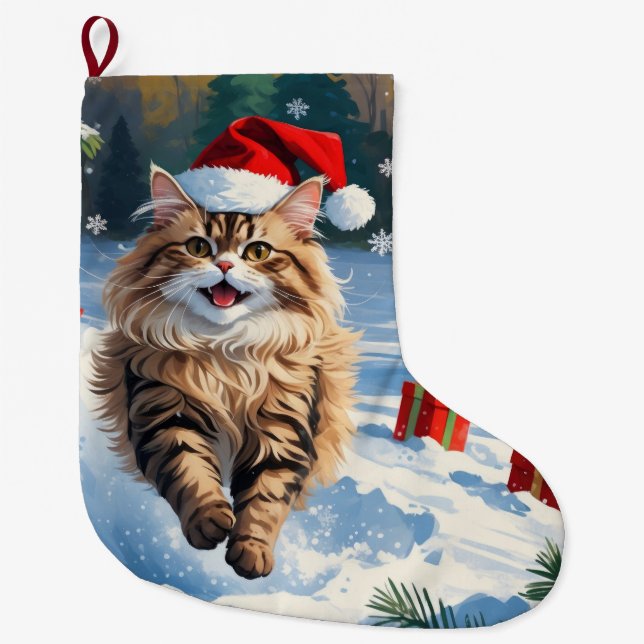 Grande Chaussette De Noël Chat persan assis dans la neige avec Casquette de  (Devant)
