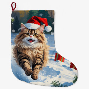 Grande Chaussette De Noël Chat Persan Assis dans la Neige avec un Chapeau de
