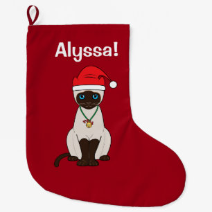 Grande Chaussette De Noël Chat siamois au nom de Noël personnalisable