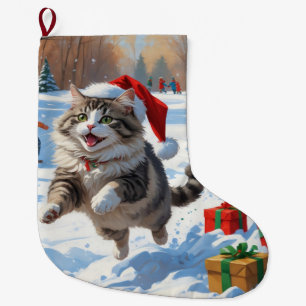 Grande Chaussette De Noël Chat Sibérien Courant dans la Neige avec un Chapea