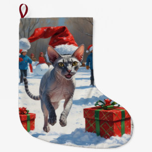Grande Chaussette De Noël Chat Sphynx courant dans la neige avec un chapeau 