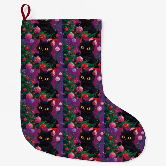 Grande Chaussette De Noël Chaton noir mignon et sapin de Noël (Devant)