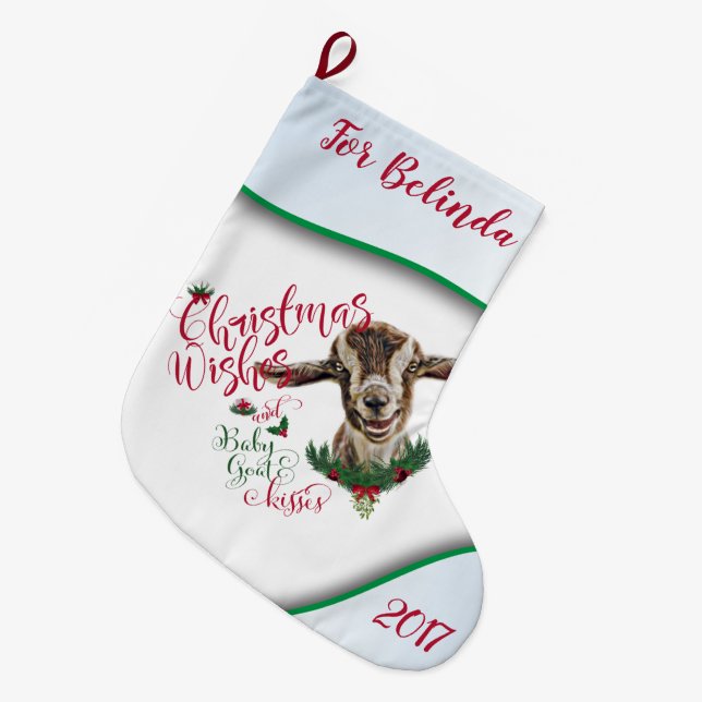 Grande Chaussette De Noël CHÈQUE | Souhaits de Noël Bébé Chèvre Baisers Basc (Devant (Accrochage))