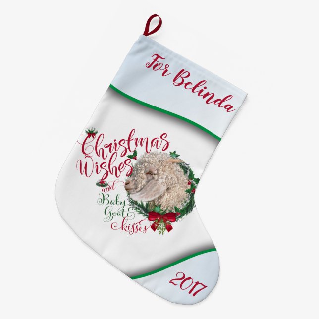 Grande Chaussette De Noël CHÈQUE | Voeux de Noël Bébé Chèvre Baisers Angora (Devant (Accrochage))