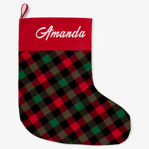 Grande Chaussette De Noël Chèques de bison rouge vert Nom Noël Stocking