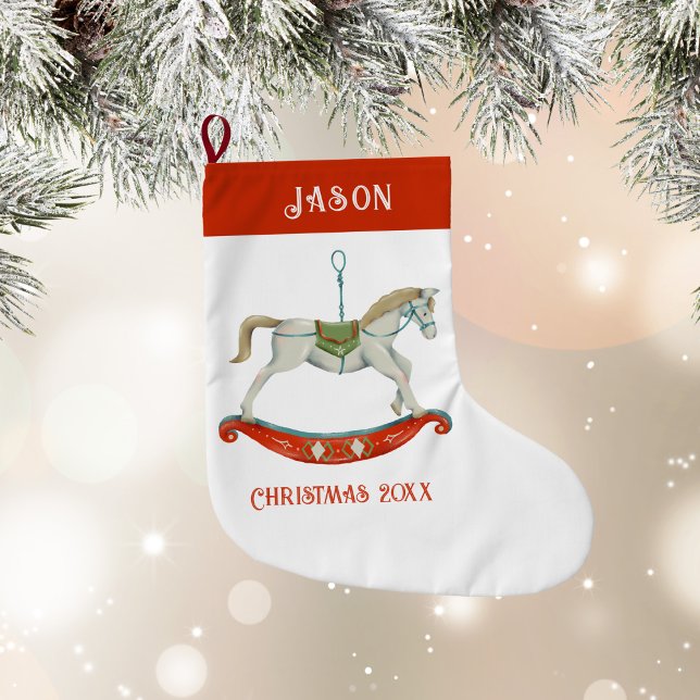 Grande Chaussette De Noël Cheval à Bascule de Noël avec nom (Christmas Rocking Horse With Name Large Christmas Stocking)