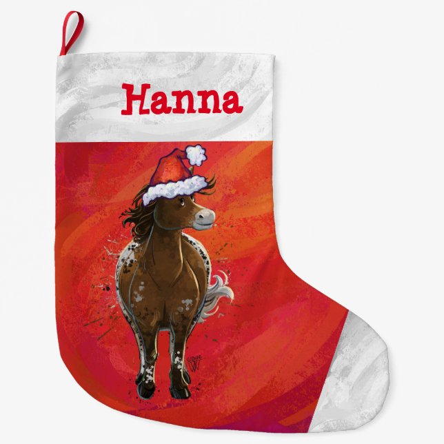 Grande Chaussette De Noël Cheval CuteAppaloosa à Santa Hat sur Rouge (Devant)