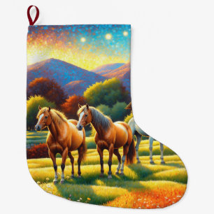 Grande Chaussette De Noël Cheval dans la prairie de fleurs sauvages de la fe