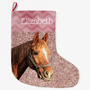 Grande Chaussette De Noël Cheval équestre rose rose Gold Nom sucré