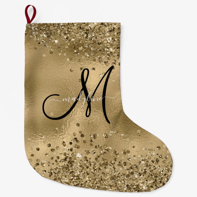 Grande Chaussette De Noël Chic Black Gold Parties scintillant Monogramme Nom (Devant)