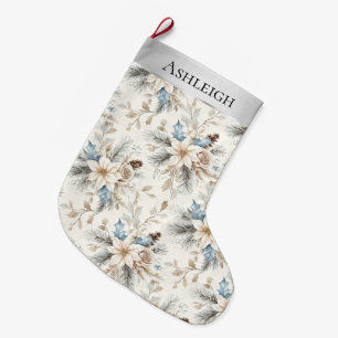 Grande Chaussette De Noël Chic Crème Argent Bleu Blanc Floral Noël