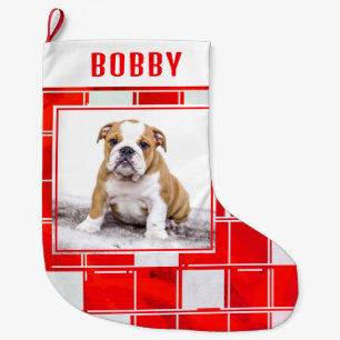 Grande Chaussette De Noël Chien à chien rouge blanc plaid Photo Joyeux Noël