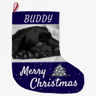 Grande Chaussette De Noël Chien bleu festif Nom et photo de l'animal de comp