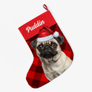Grande Chaussette De Noël Chien Carlin Mignon Plaid Rouge de Buffalo Personn
