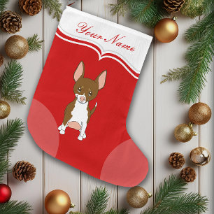 Grande Chaussette De Noël Chien Chihuahua Dessin Animé Mignon Brun Blanc Nom