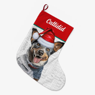 Grande Chaussette De Noël Chien de bétail de Noël avec le nom Woof Arrière -