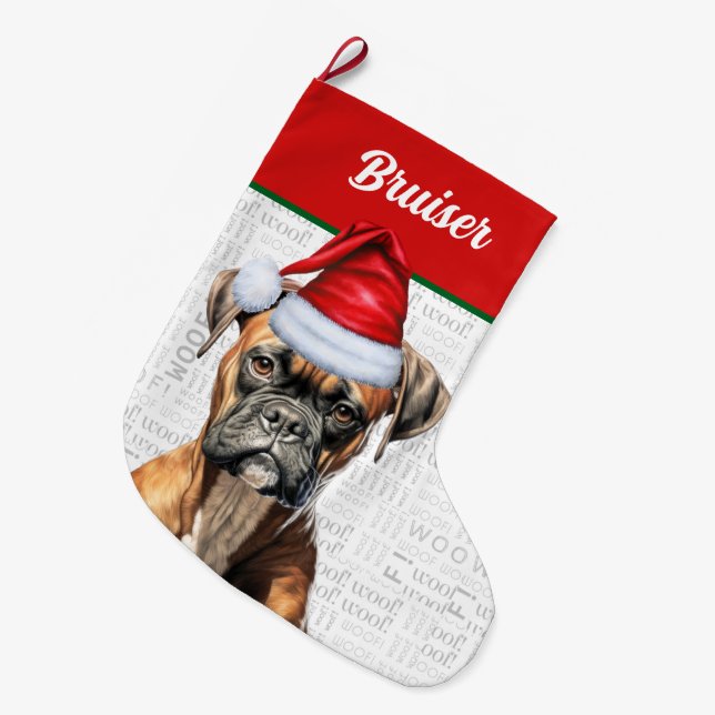 Grande Chaussette De Noël Chien de boîte de Noël avec le nom Woof Arrière -  (Devant (Accrochage))