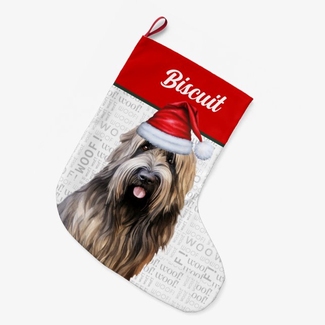 Grande Chaussette De Noël Chien de Briard de Noël avec le nom Woof Arrière - (Devant (Accrochage))