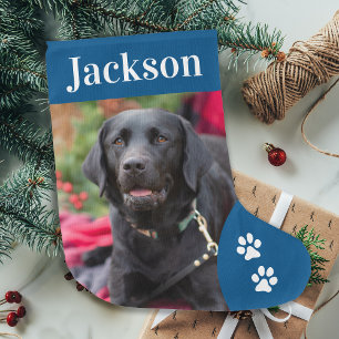 Grande Chaussette De Noël Chien de compagnie photo personnalisée bleu de vac