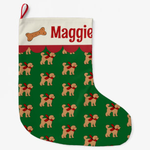 Grande Chaussette De Noël Chien de Doodle personnalisé Rouge Vert Tan