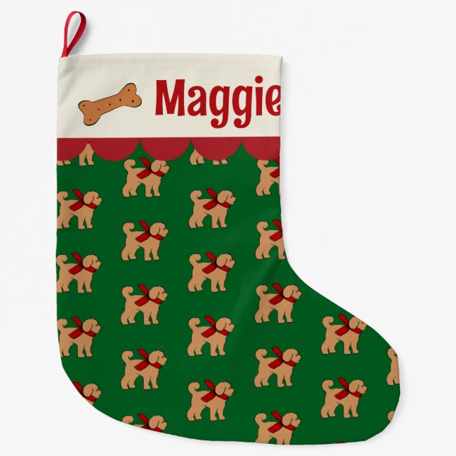 Grande Chaussette De Noël Chien de Doodle personnalisé Rouge Vert Tan (Devant)