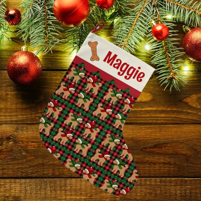 Grande Chaussette De Noël Chien de Doodle personnalisé Rouge Vert Tan Plaid (Créateur téléchargé)