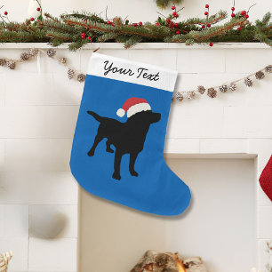 Grande Chaussette De Noël Chien de laboratoire noir avec chapeau de Noël