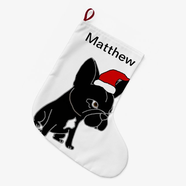Grande Chaussette De Noël Chien de taureau français noir mignon à Santa Hat  (Devant (Accrochage))