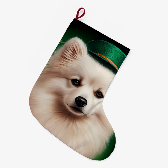 Grande Chaussette De Noël Chien Eskimo américain en Robe du Jour de la Saint (Devant (Accrochage))