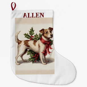 Grande Chaussette De Noël Chien vintage avec stock de Noël Holly