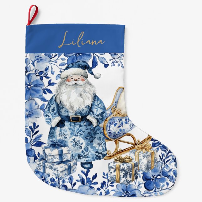 Grande Chaussette De Noël Chinoiserie Blue White Floral Noël Père Noël (Devant)