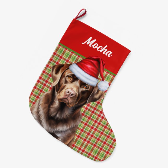 Grande Chaussette De Noël Chocolat Labrador Dog Holiday Plaid Personnalisé (Devant (Accrochage))