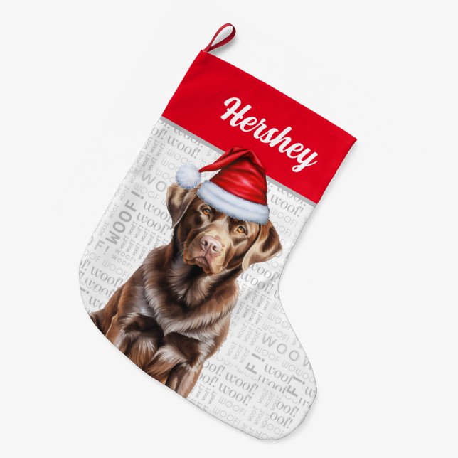 Grande Chaussette De Noël Chocolat Labrador Retriever avec le nom du chien (Devant (Accrochage))