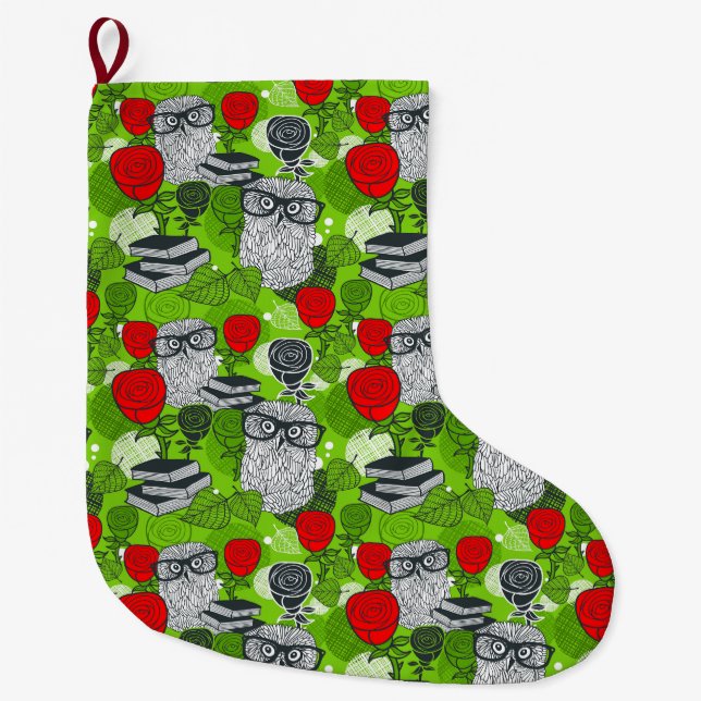 Grande Chaussette De Noël Chouette en roses rouges (Devant)