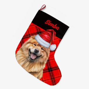 Grande Chaussette De Noël Chow Chow Chien de vacances Rouge Plaid Personnali
