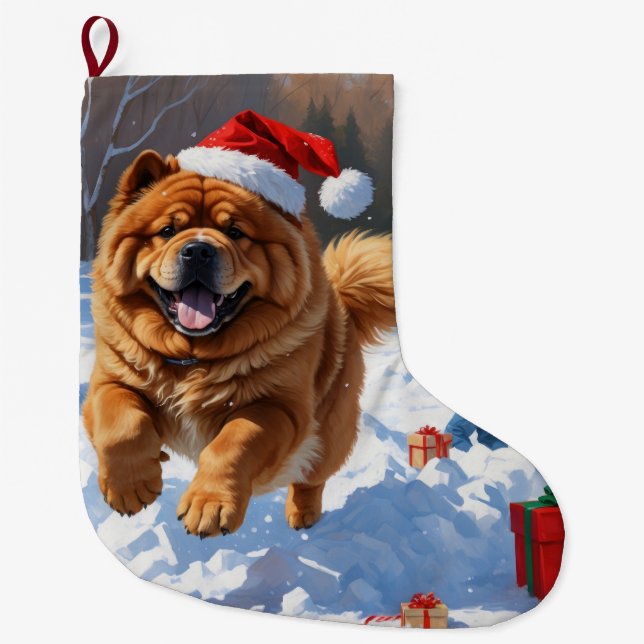 Grande Chaussette De Noël Chow Chow coule en neige avec le Casquette de Noël (Devant)