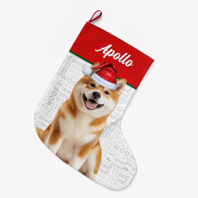 Grande Chaussette De Noël Christmas Akita Dog with Name Woof Background (Devant (Accrochage))