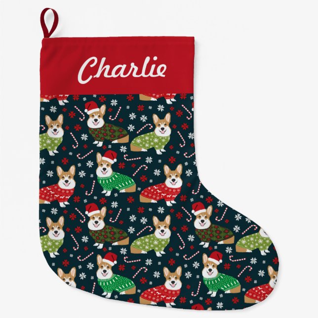Grande Chaussette De Noël Christmas Corgis Stockings - chien personnalisé (Devant)