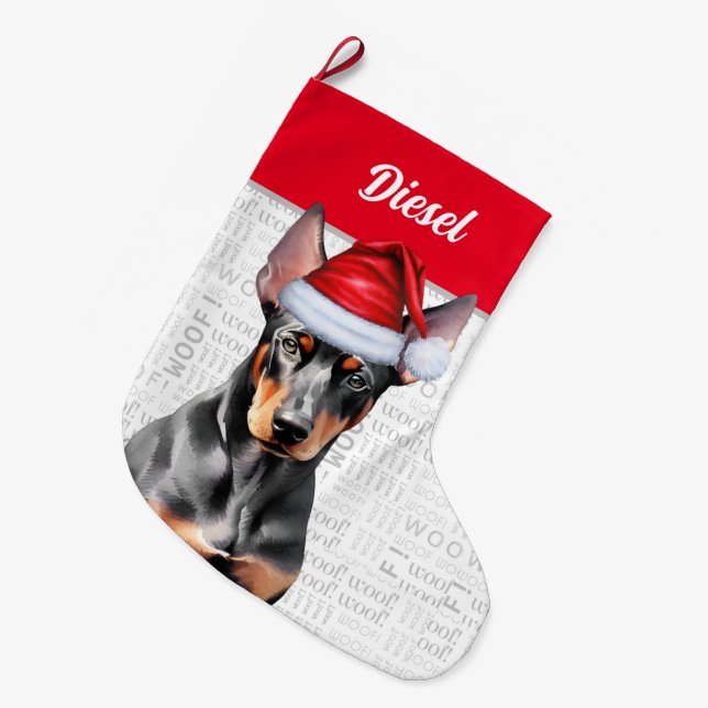 Grande Chaussette De Noël Christmas Doberman Pinscher Santa with Dog's Name (Devant (Accrochage))
