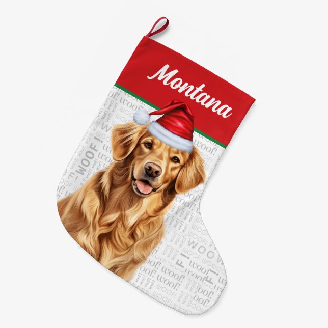 Grande Chaussette De Noël Christmas Golden Retriever Nom Woof Arrière - plan (Devant (Accrochage))