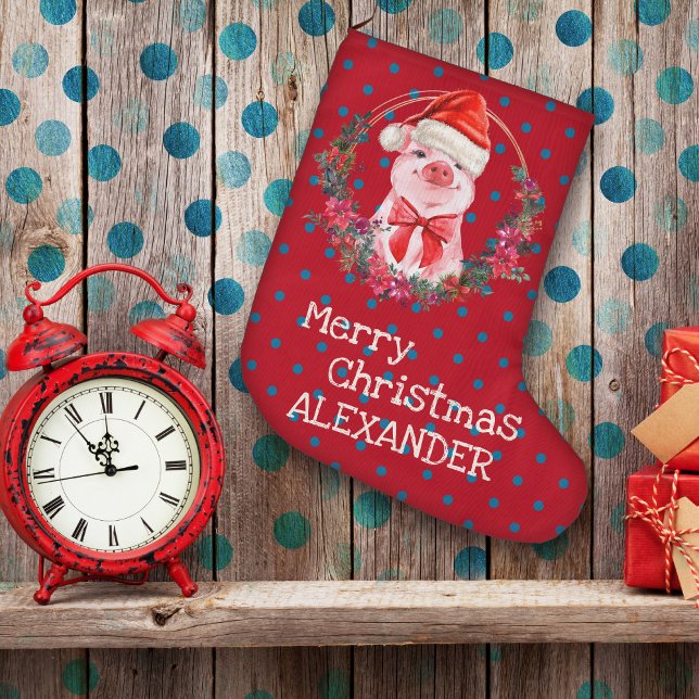 Grande Chaussette De Noël Christmas Pig Cute Piglet Bow Wreath Polka Dots (Créateur téléchargé)