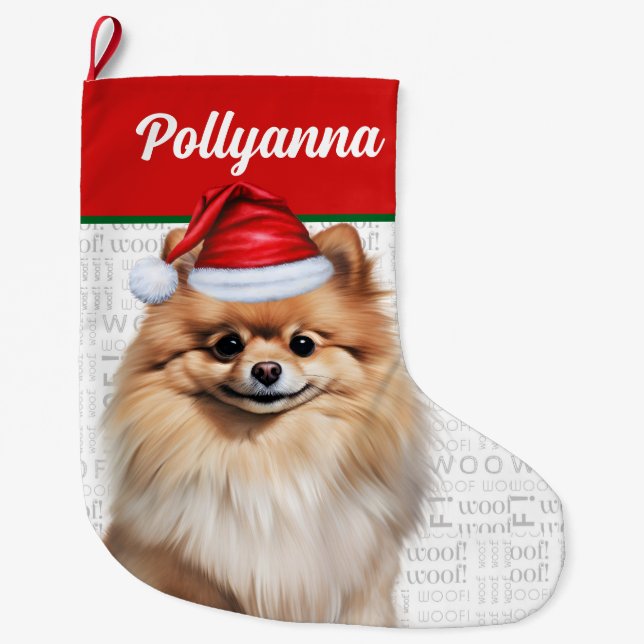 Grande Chaussette De Noël Christmas Pomeranian Dog with Name Woof (Devant)