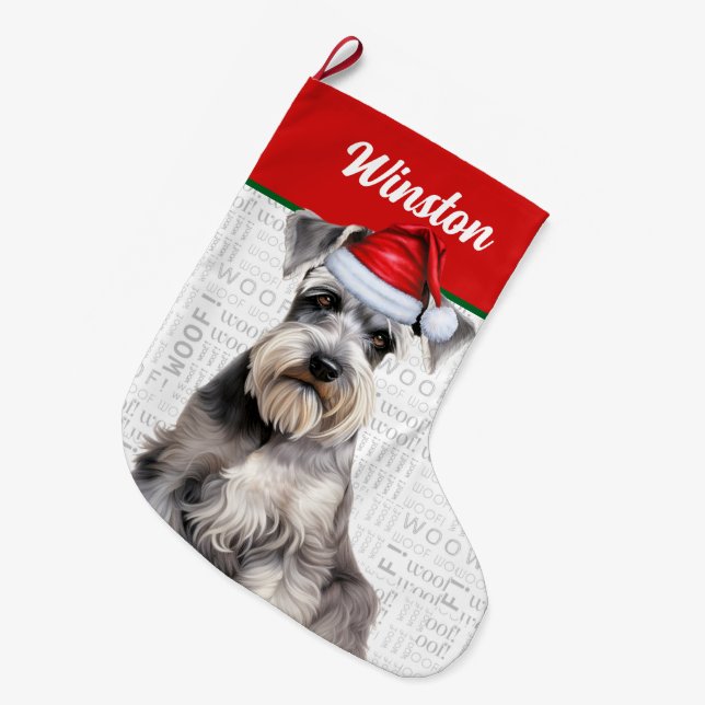 Grande Chaussette De Noël Christmas Schnauzer Dog Name Woof Background (Devant (Accrochage))