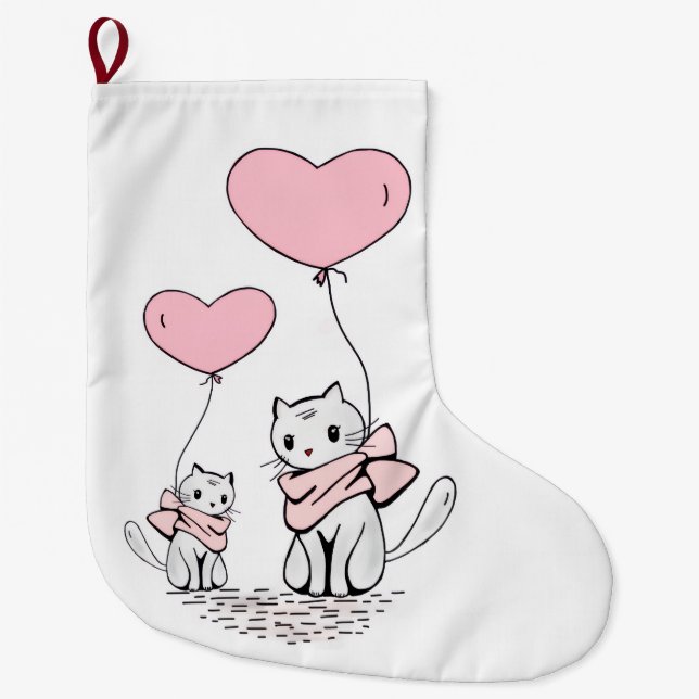 Grande Chaussette De Noël Christmas Stocking, Cat Red Hearts Love (Devant)