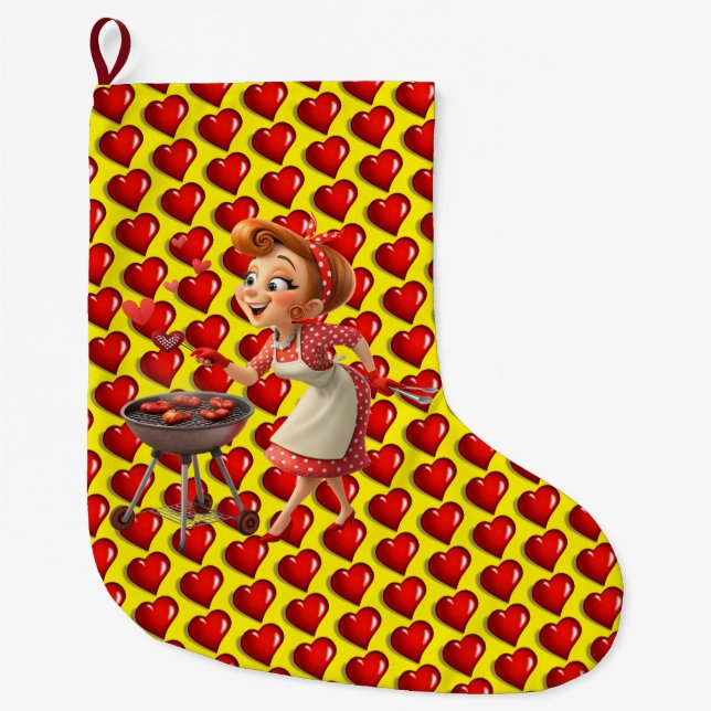 Grande Chaussette De Noël Christmas Stocking, Cooking Red Hearts Love (Devant)