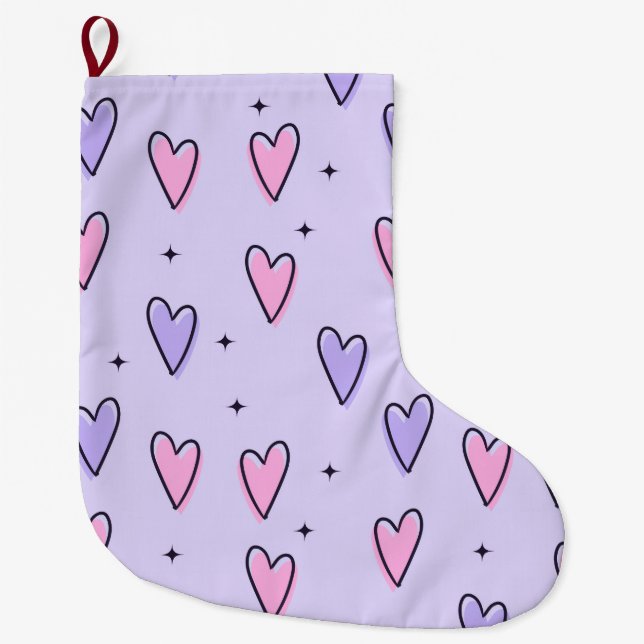Grande Chaussette De Noël Christmas Stocking, Pink Purple Hearts Love (Devant)