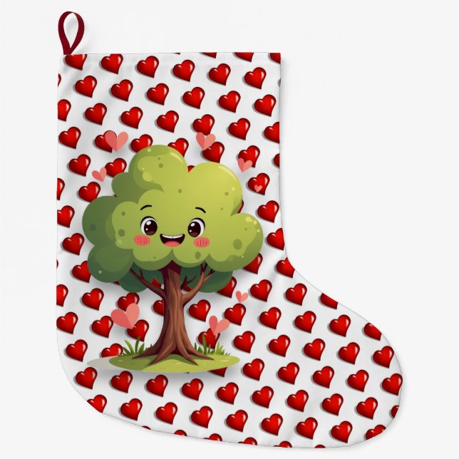 Grande Chaussette De Noël Christmas Stocking, Tree Red Hearts Love (Devant)