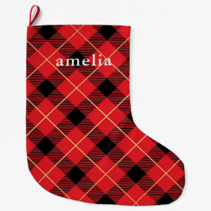 Grande Chaussette De Noël Classic Red Plaid avec nom Holiday
